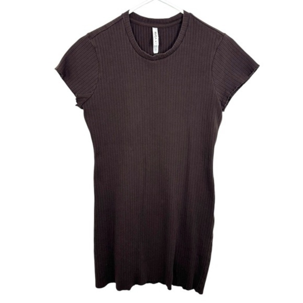RVCA Women's Dark Brown Ribbed Mini Dress Sporty Beach Y2K 90s Retro Babydoll
